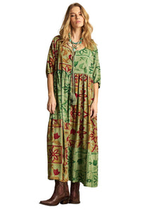 Vestido Midi Com Mangas 3/4 Verde Patchwork Yacamim