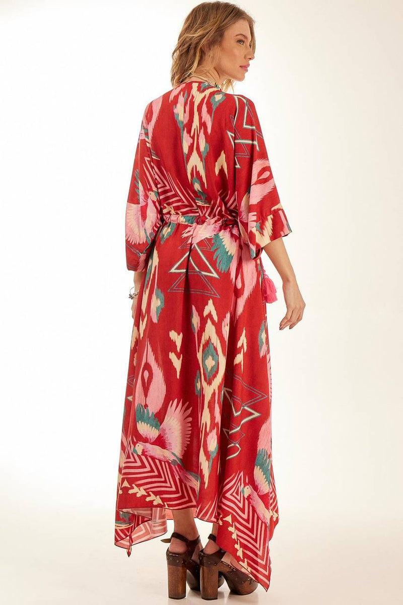 Kaftan Longo Com Túnel Na Cintura Vermelho Estampado Yacamim