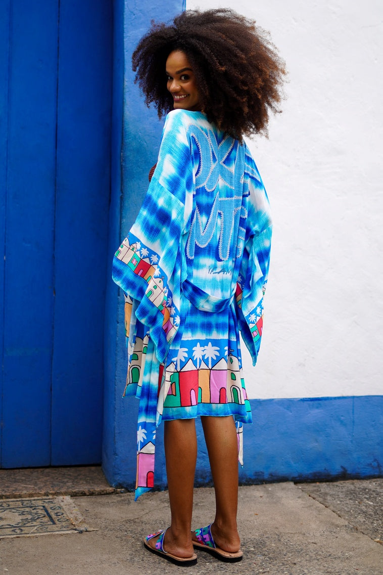 Kimono Curto Azul Estampado Coleção Bahêa Yacamim R6