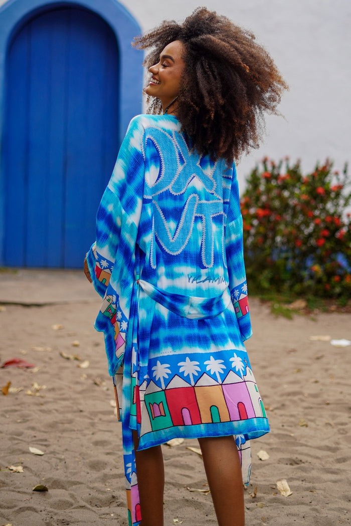 Kimono Curto Azul Estampado Coleção Bahêa Yacamim R6