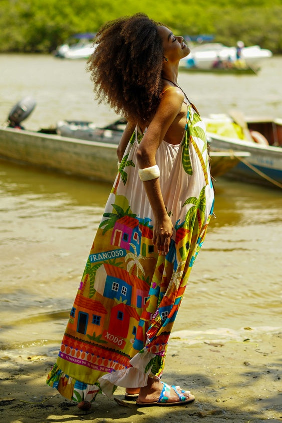 Vestido Midi Alças Reguláveis Bege Estampado Coleção Bahêa Yacamim R7