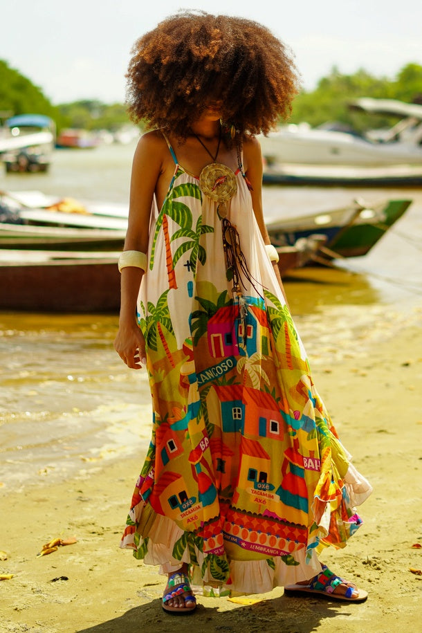 Vestido Midi Alças Reguláveis Bege Estampado Coleção Bahêa Yacamim R7