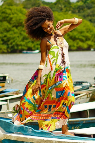 Vestido Midi Alças Reguláveis Bege Estampado Coleção Bahêa Yacamim R7