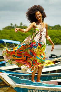 Vestido Midi Alças Reguláveis Bege Estampado Coleção Bahêa Yacamim R7