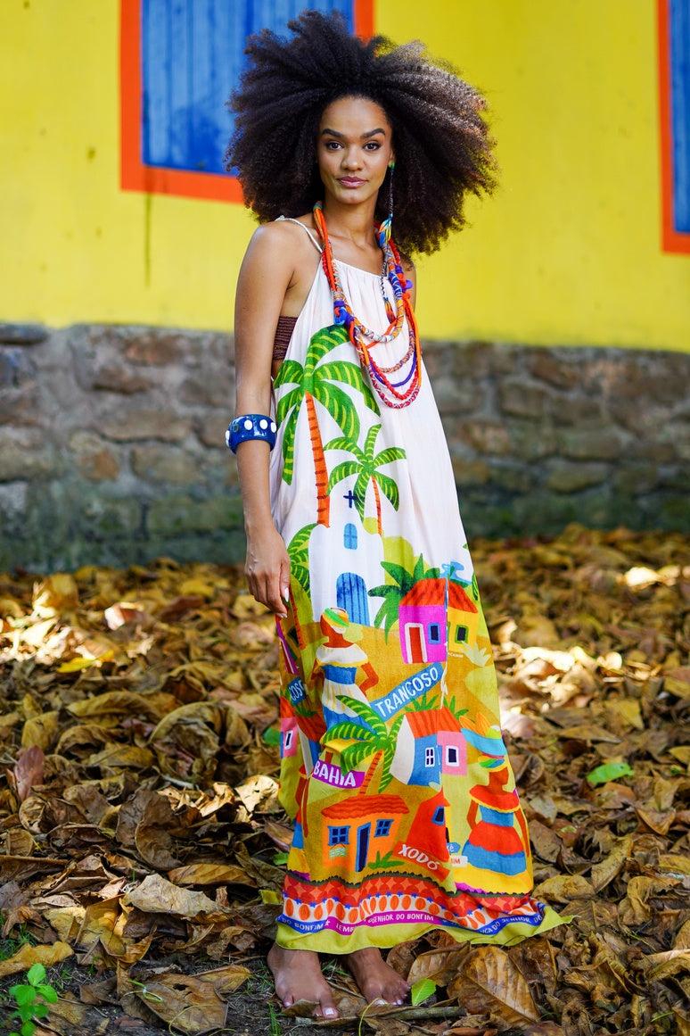 Vestido Longo De Alça De Cordão Oxê Coleção Bahêa Yacamim Q1