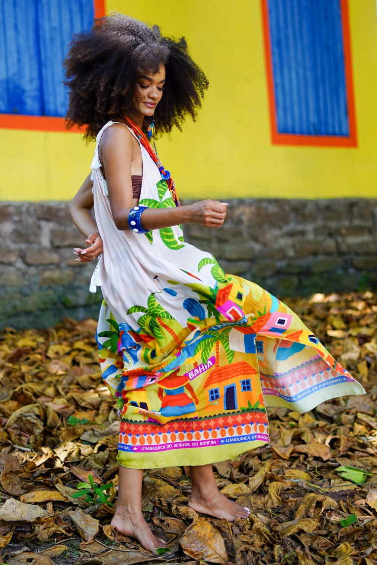 Vestido Longo De Alça De Cordão Oxê Coleção Bahêa Yacamim Q1