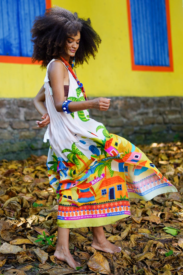 Vestido Longo De Alça De Cordão Oxê Coleção Bahêa Yacamim Q1