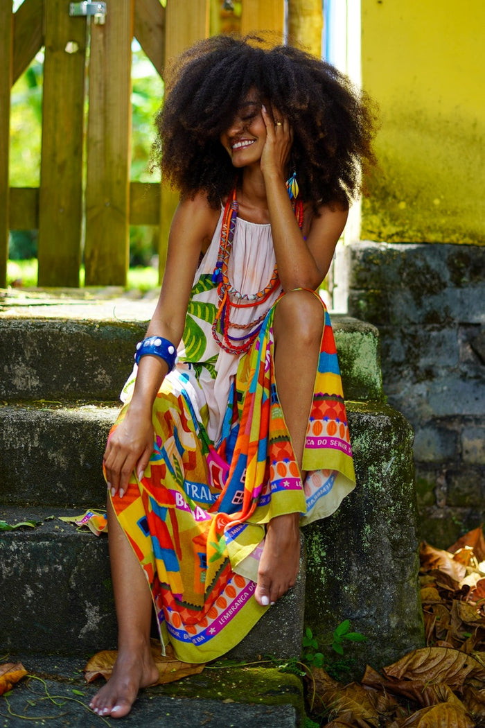Vestido Longo De Alça De Cordão Oxê Coleção Bahêa Yacamim Q1