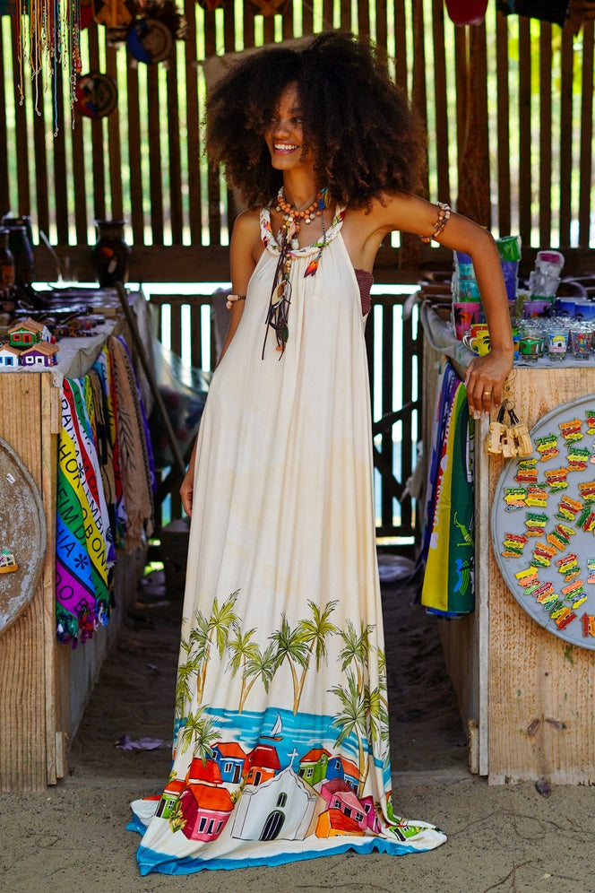 Vestido Longo Nadador Bege Estampado Coleção Bahêa Yacamim R3