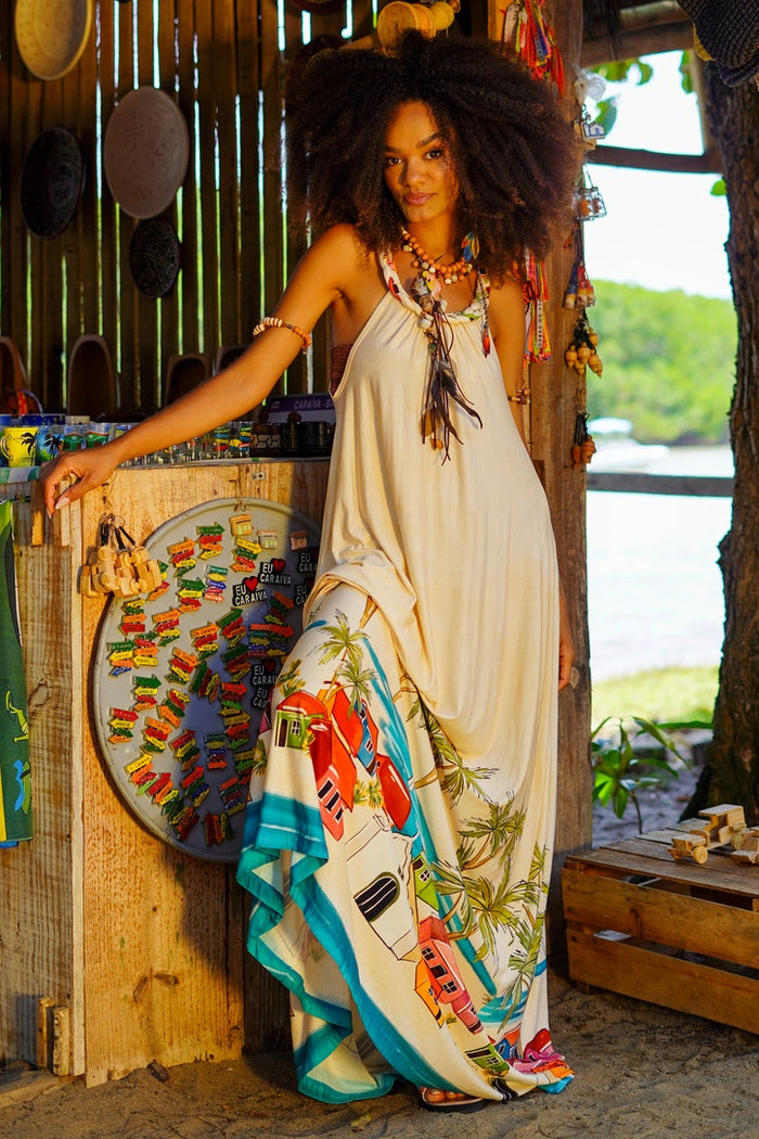 Vestido Longo Nadador Bege Estampado Coleção Bahêa Yacamim R3
