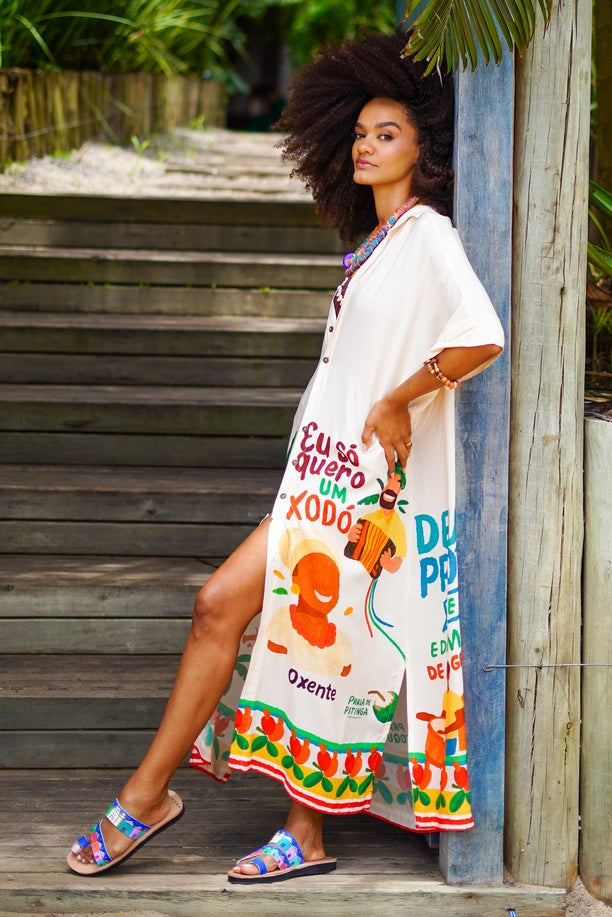 Chemise Midi Bege Estampado Coleção Bahêa Yacamim R4