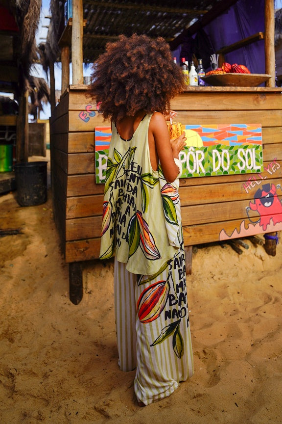 Calça Pantalona Verde Listrado Estampado Coleção Bahêa Yacamim R8