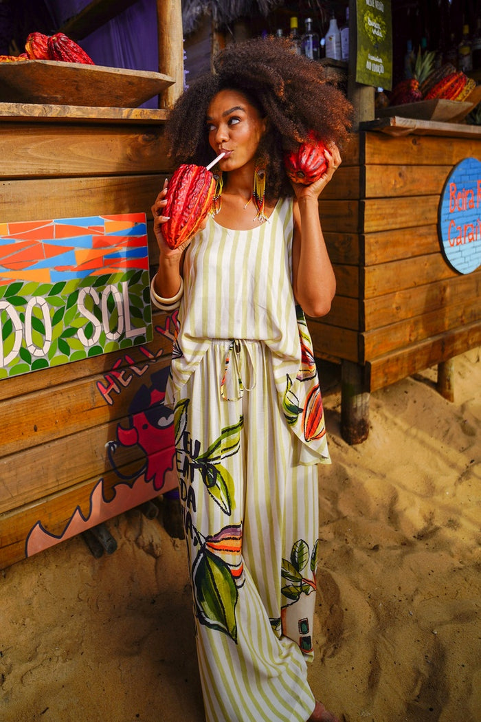 Calça Pantalona Verde Listrado Estampado Coleção Bahêa Yacamim R8