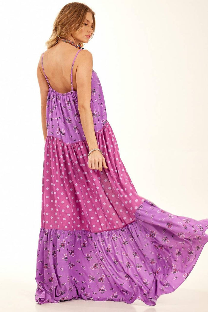 Vestido Longo De Alças Reguláveis Roxo Patchwork Yacamim