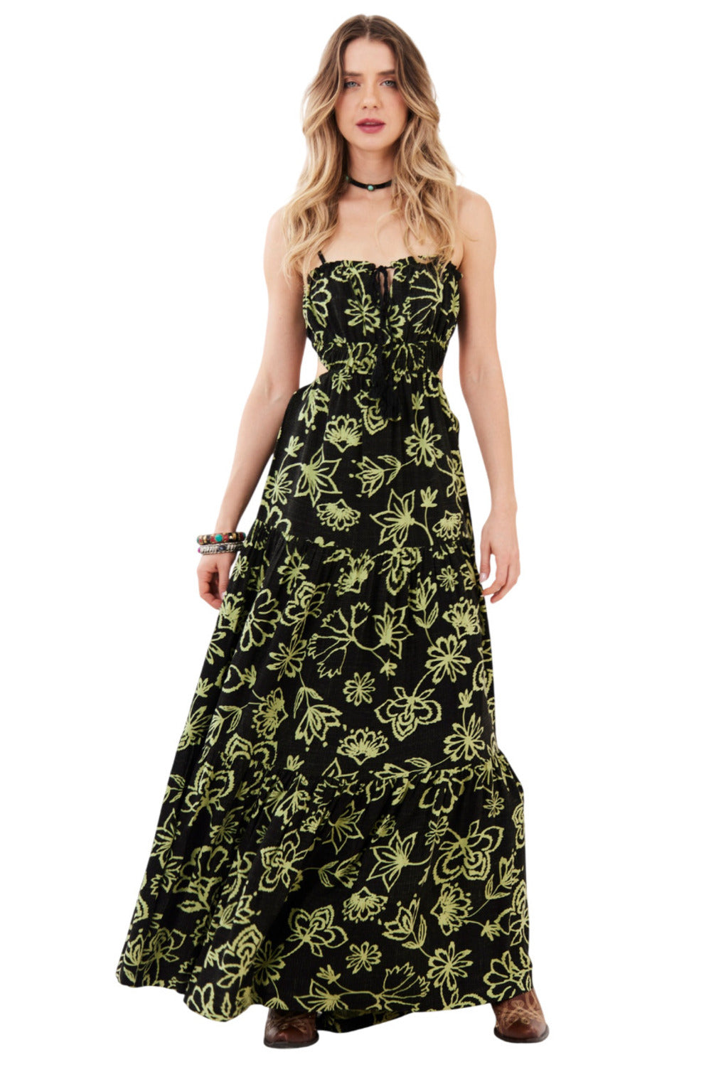 Vestido Longo Preto E Verde Estampado Yacamim C15