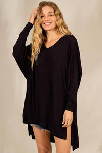 Blusa Ampla Básica Alongada Com Decote Em V Preto Yacamim