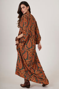Vestido Longo Marrom Estampa Cashmere Yacamim D6