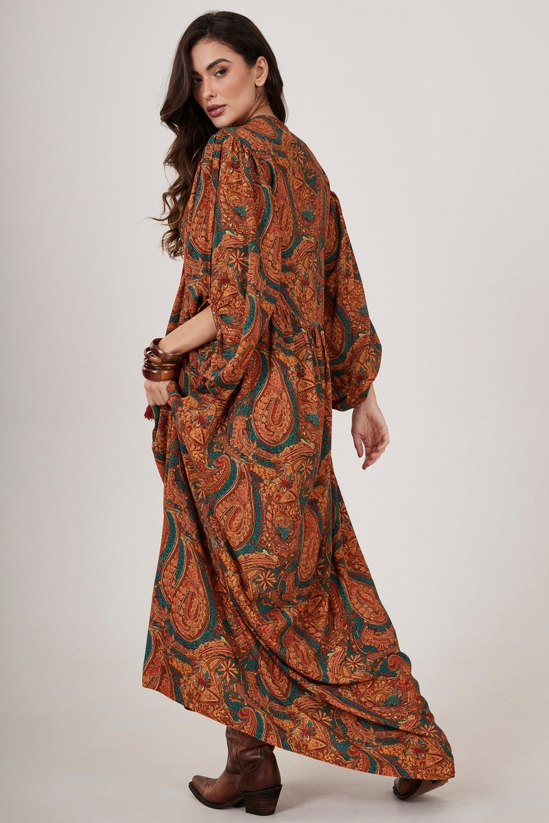 Vestido Longo Marrom Estampa Cashmere Yacamim D6