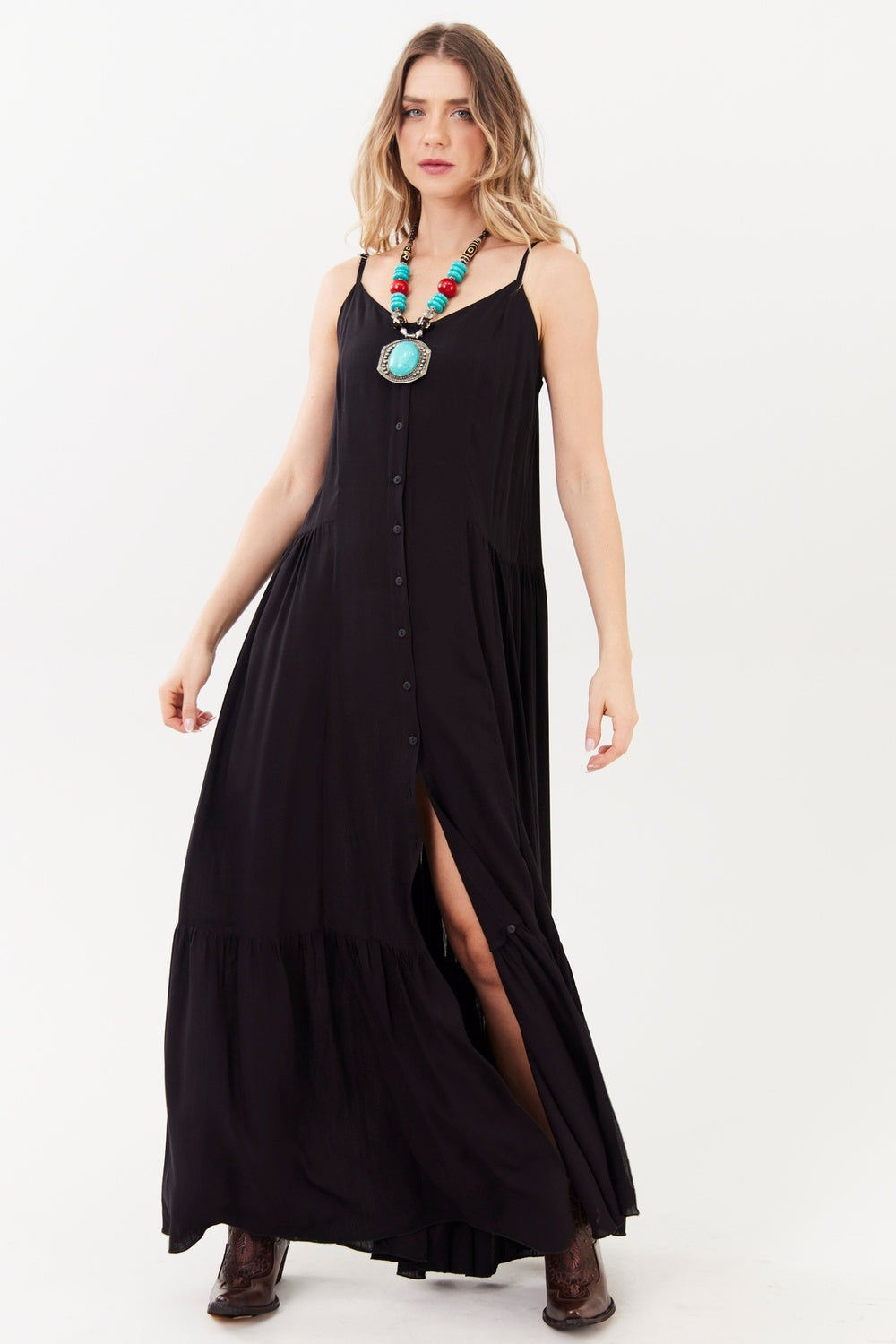 Vestido Longo De Alças Reguláveis Preto Yacamim C2