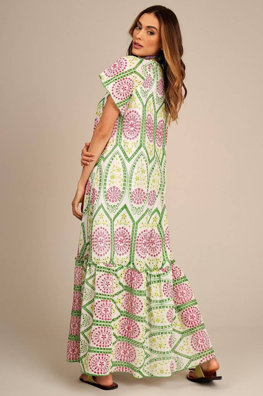 Vestido Longo Broderie Branco com Bordados Rosa E Verde Yacamim D6