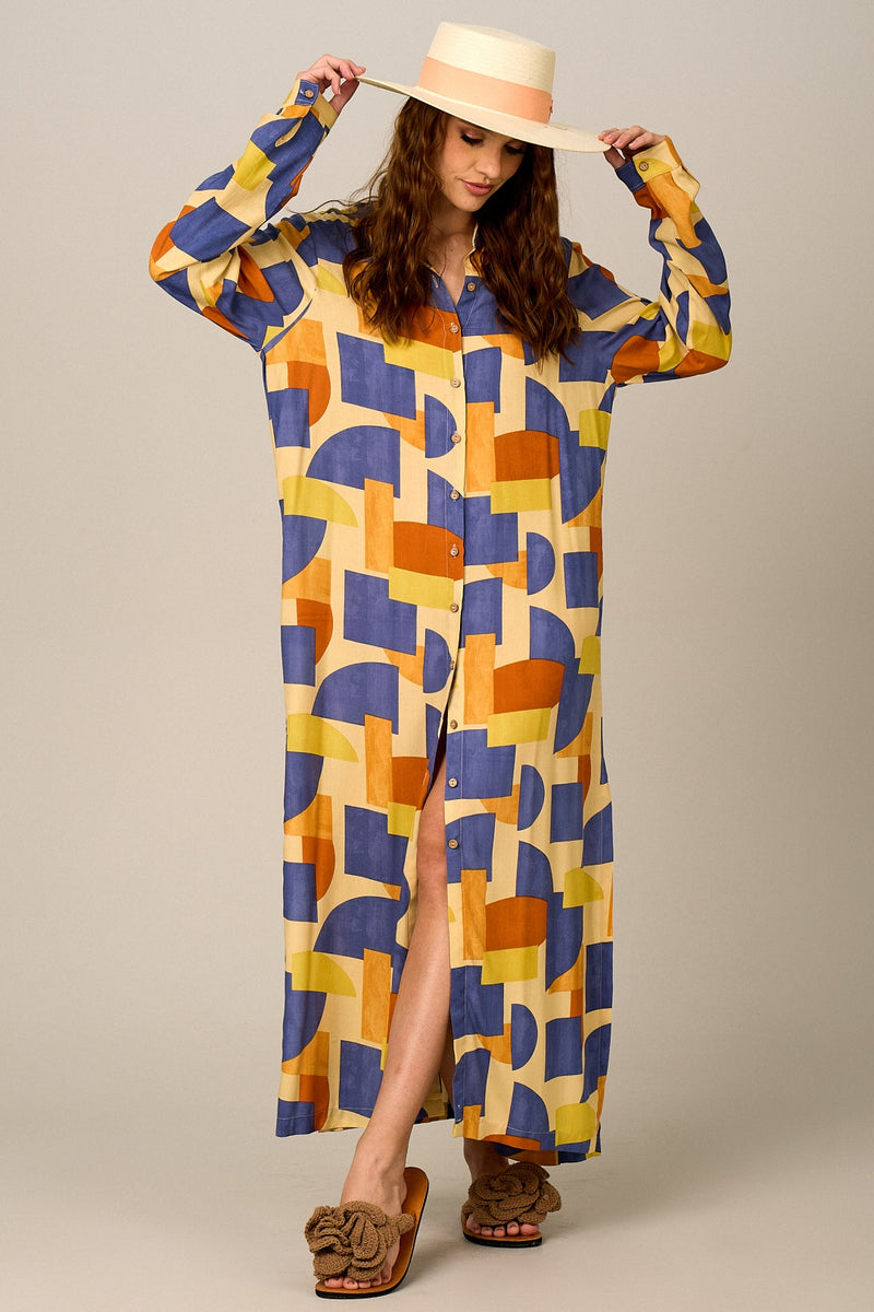 Chemise Longa Ampla Estampa Geométrica Yacamim P4