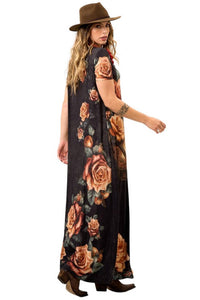 Vestido Longo De Mangas Curtas Grafite Estampa De Violão Yacamim