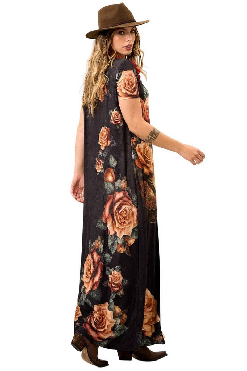 Vestido Longo De Mangas Curtas Grafite Estampa De Violão Yacamim