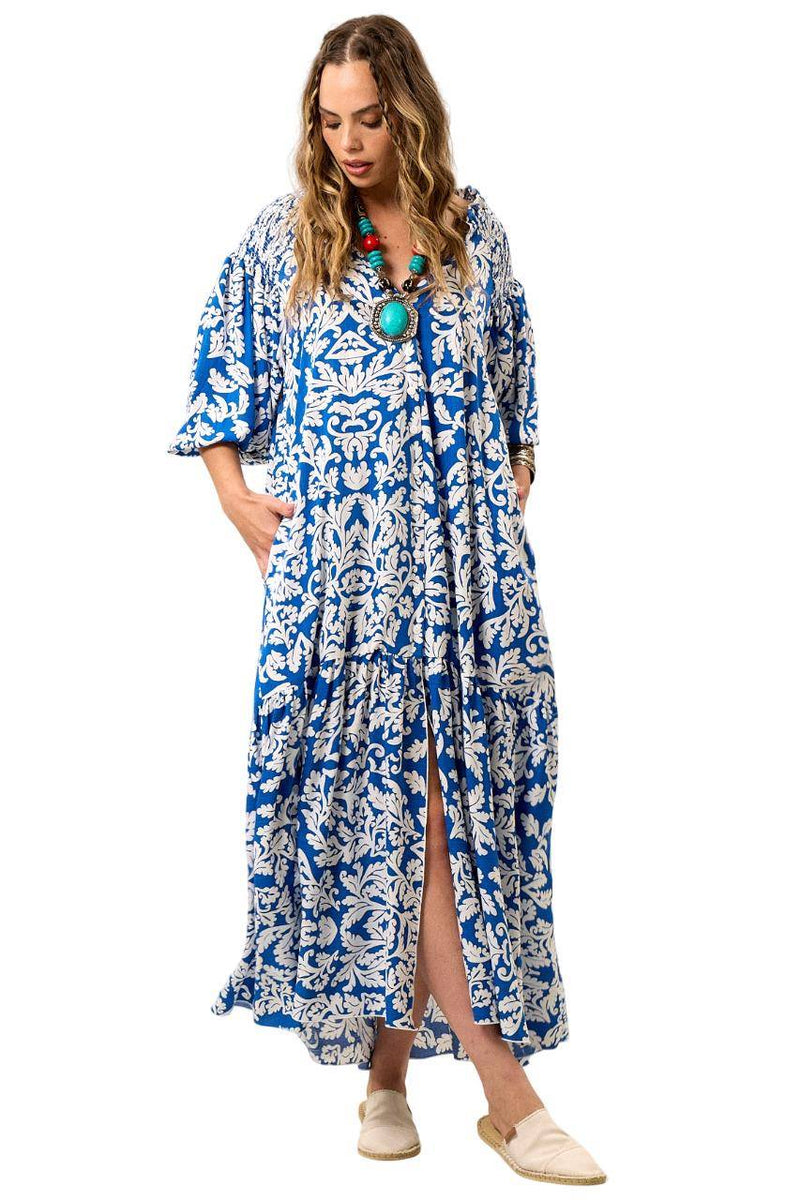 Vestido Chemise Longo Com Mangas 3/8 Raglã Azul Estampado Yacamim