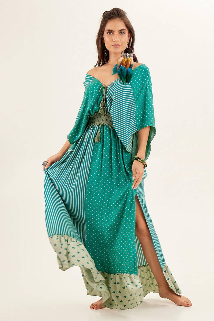 Vestido Longo Com Decote Em V Ombro A Ombro Verde Patchwork Yacamim