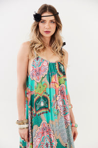 Vestido Longo De Alças Reguláveis Verde Estampado Yacamim C2