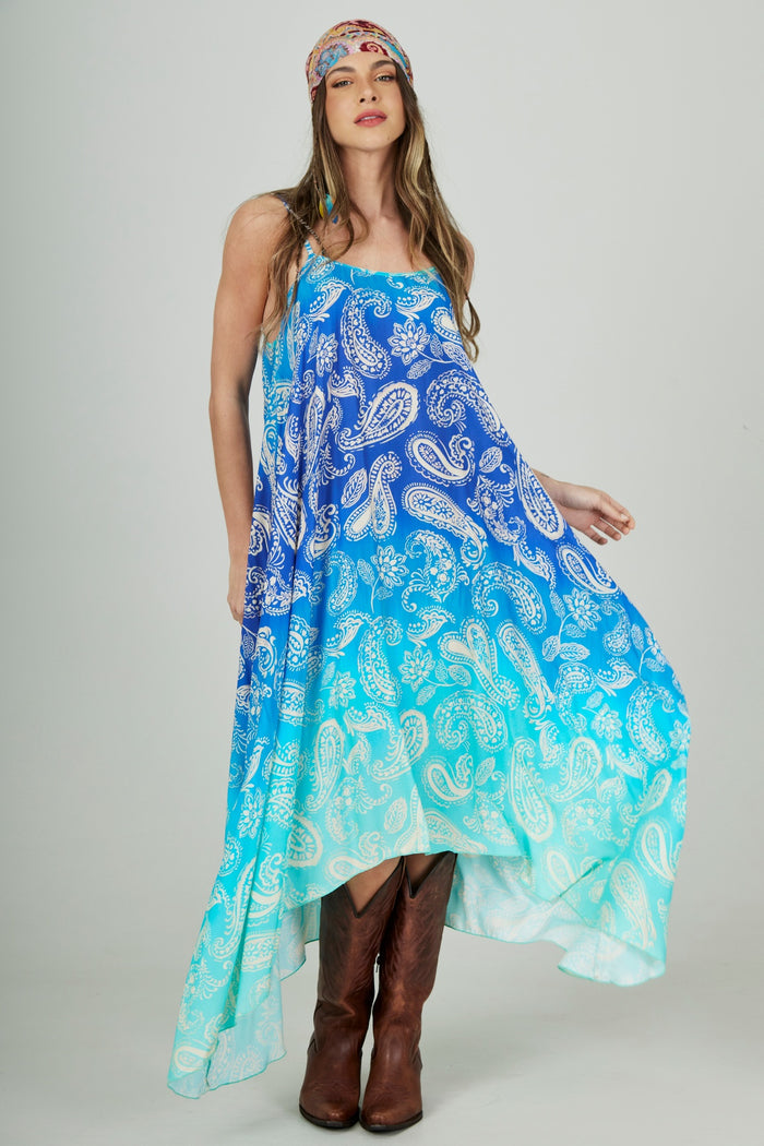 Vestido Longo Amplo Azul Degradê Cashmere Yacamim E24