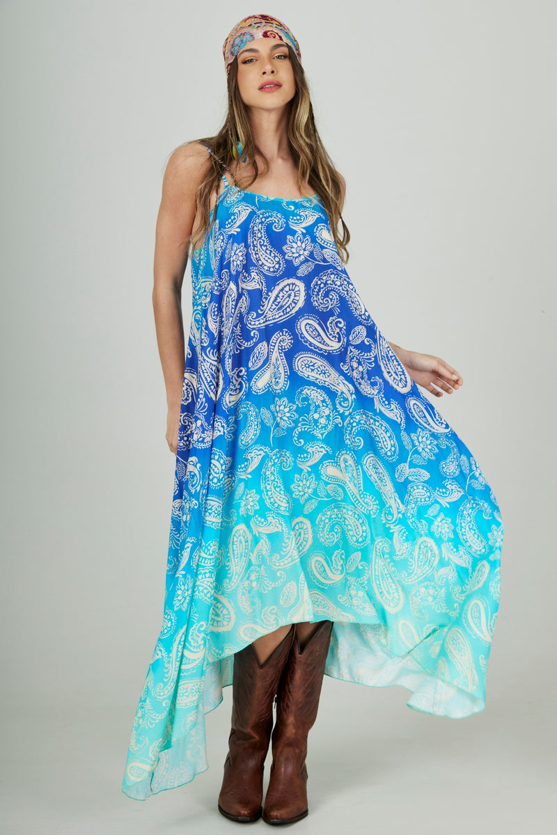 Vestido Longo Amplo Azul Degradê Cashmere Yacamim E24