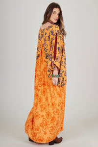 Vestido Longo Laranja Flor De Lótus Patchwork Yacamim C24