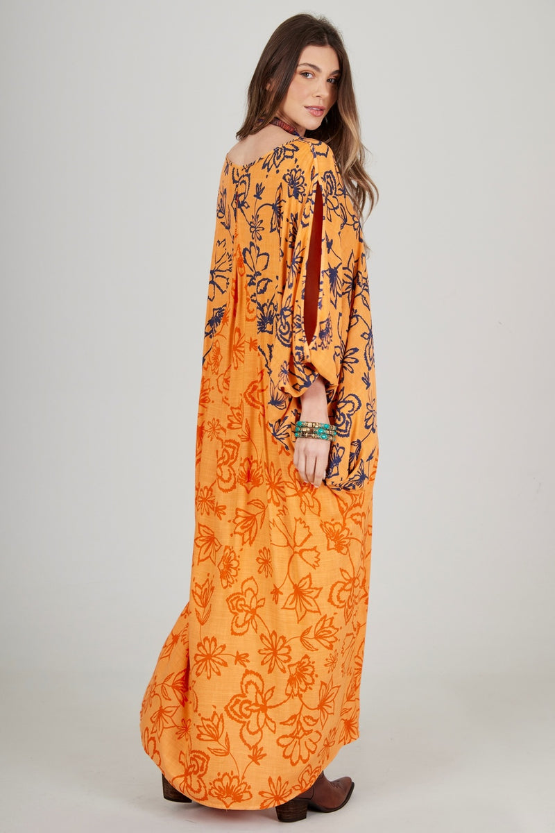 Vestido Longo Laranja Flor De Lótus Patchwork Yacamim C24