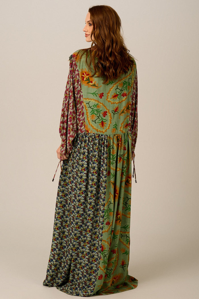 Vestido Longo Amplo Verde Estampado Patchwork Yacamim C19