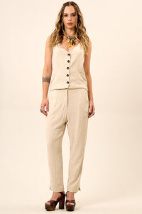 Calça De Alfaiataria De Viscolinho Bege Yacamim A10