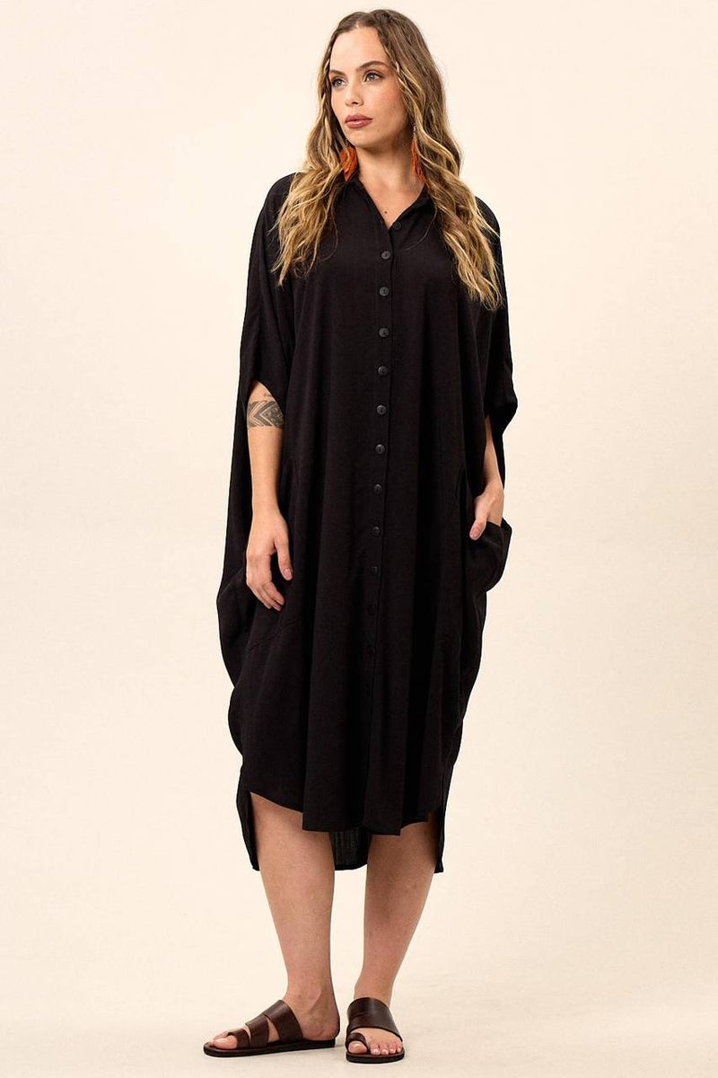 Chemise Midi Amplo Com Bolsão E Mangas 3/8 Preto Yacamim