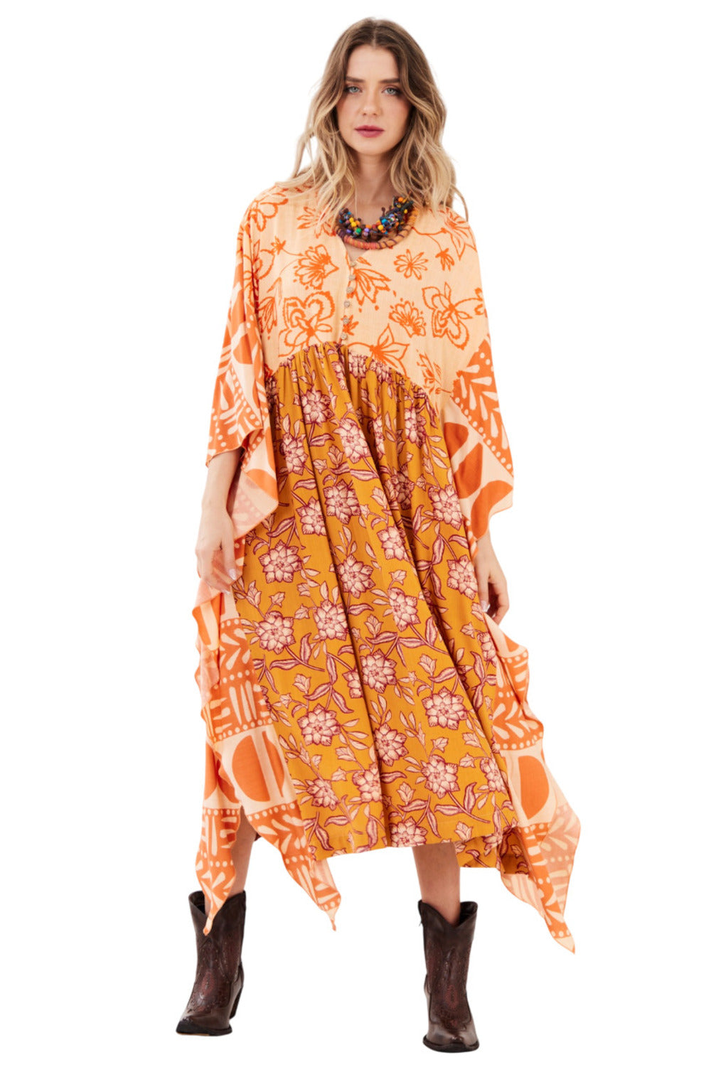 Kaftan Midi Amplo Laranja Estampado Patchwork Yacamim S10