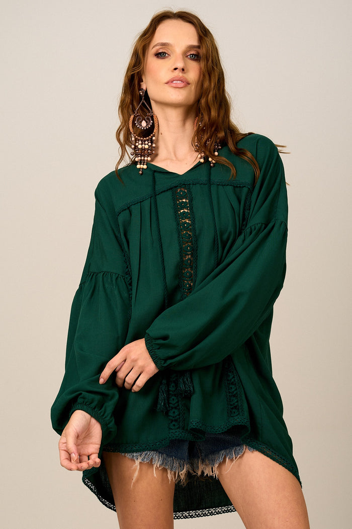 Bata Ampla Verde Escuro Com Rendas Yacamim B3