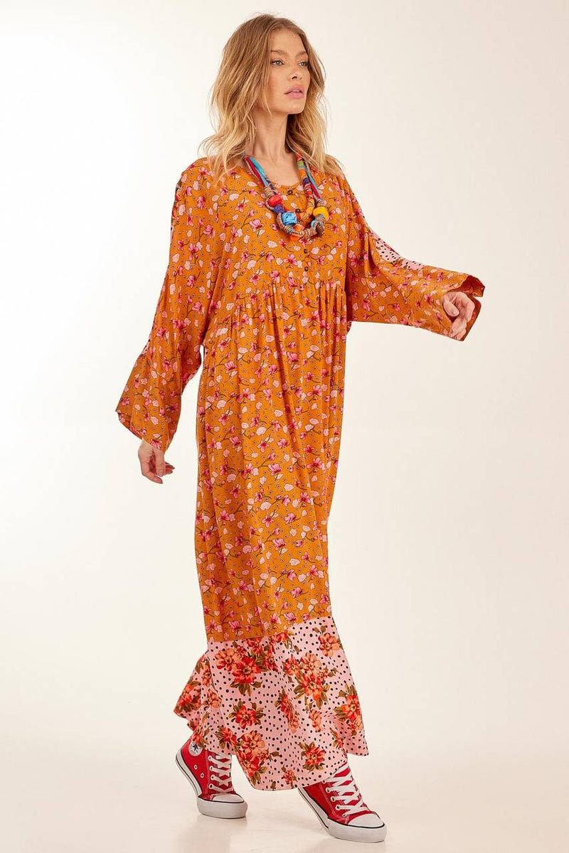 Vestido Longo Com Mangas Longas Morcego Patchwork Laranja Yacamim