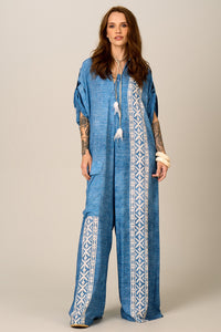 Macacão Longo Pantalona Azul Estampado Yacamim O1