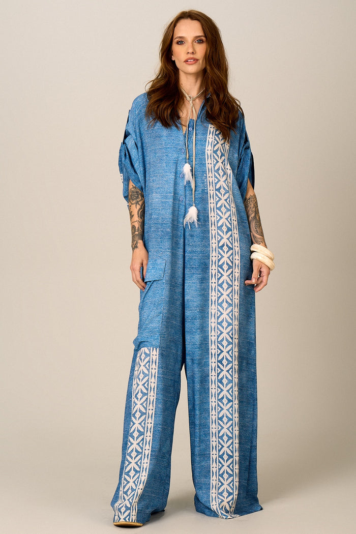 Macacão Longo Pantalona Azul Estampado Yacamim O1