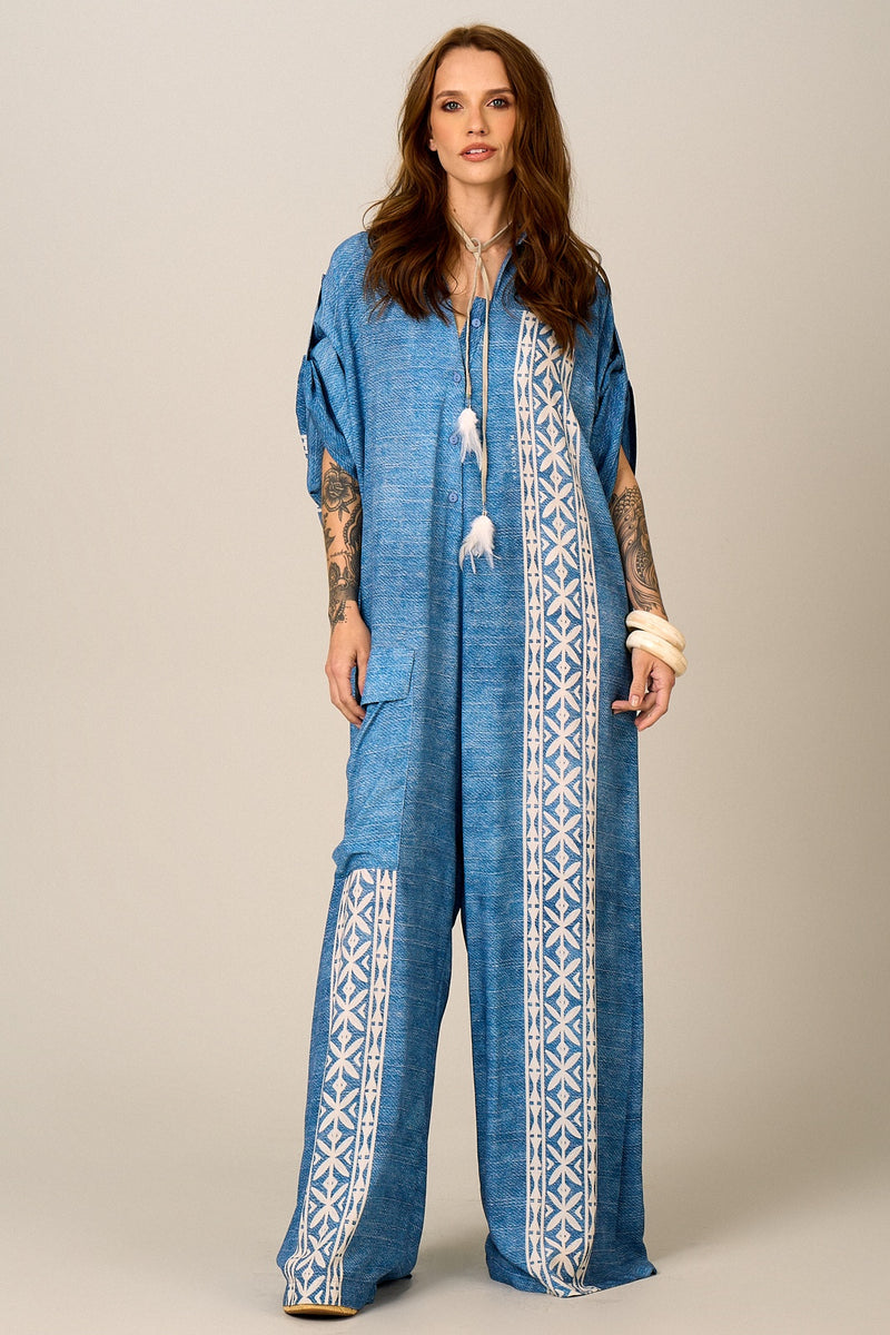 Macacão Longo Pantalona Azul Estampado Yacamim O1