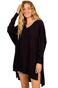 Blusa Ampla Básica Alongada Com Decote Em V Preto Yacamim