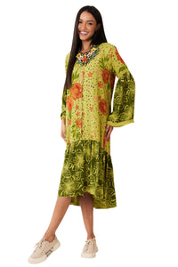 Chemise Midi Com Mangas Longas Verde Patchwork Yacamim N7