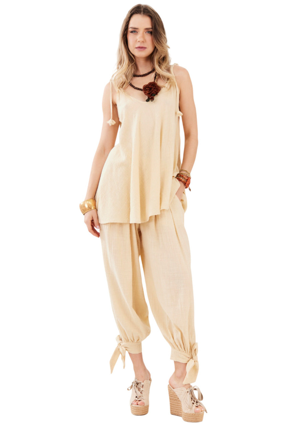 Calça Aladim Gaze Marrakesh Bege Yacamim A30