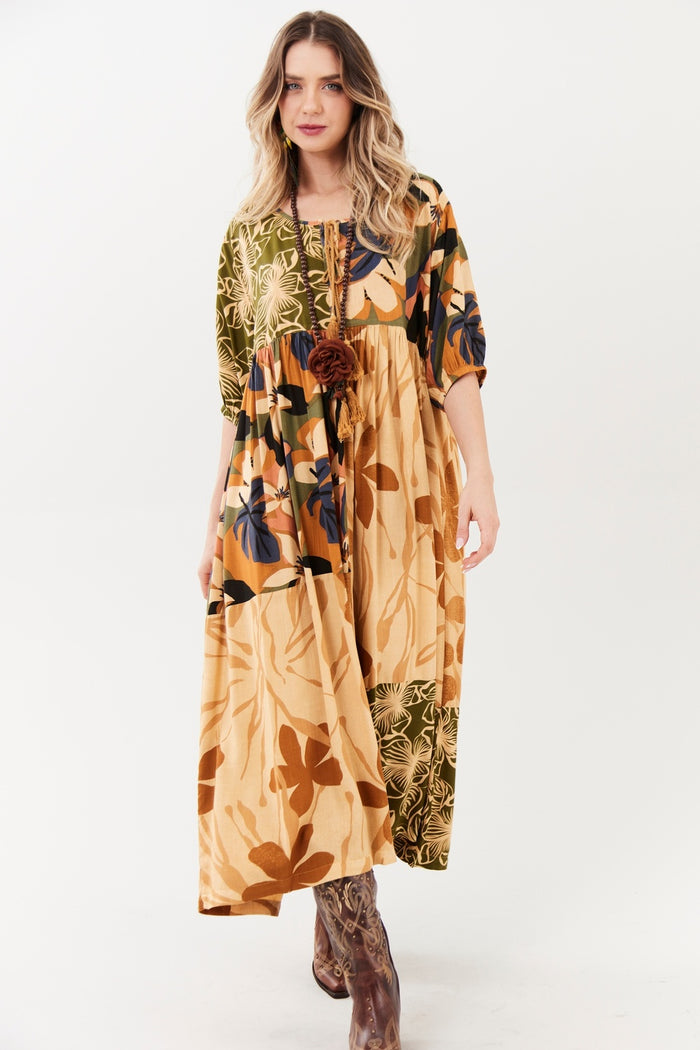 Vestido Midi Marrom Claro Patchwork Yacamim D1