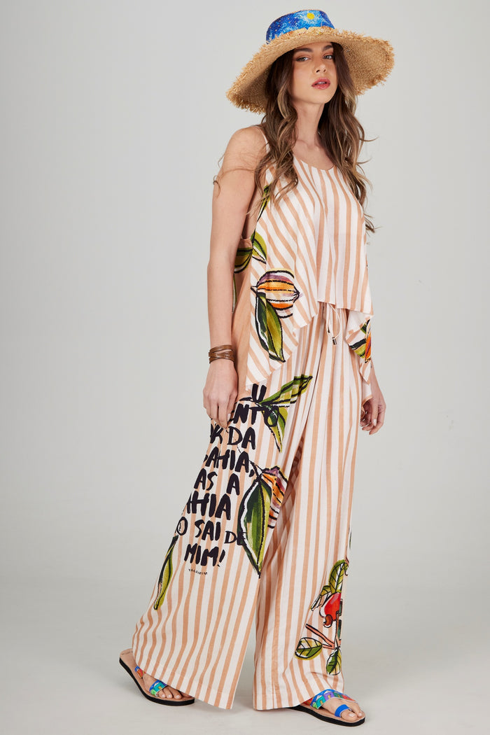 Calça Pantalona Marrom Claro Estampado Coleção Bahêa Yacamim Q9