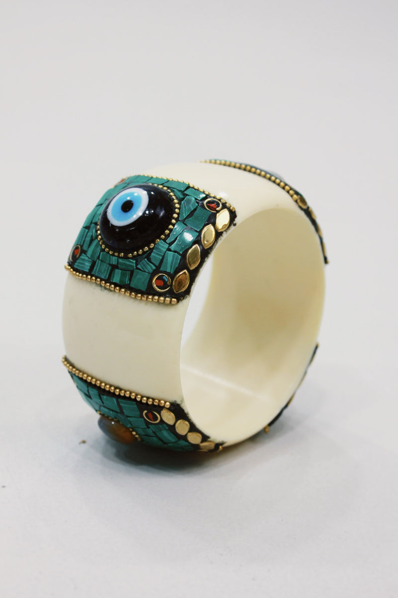 Pulseira Bracelete Largo De Cerâmica Com Pedras Yacamim #578