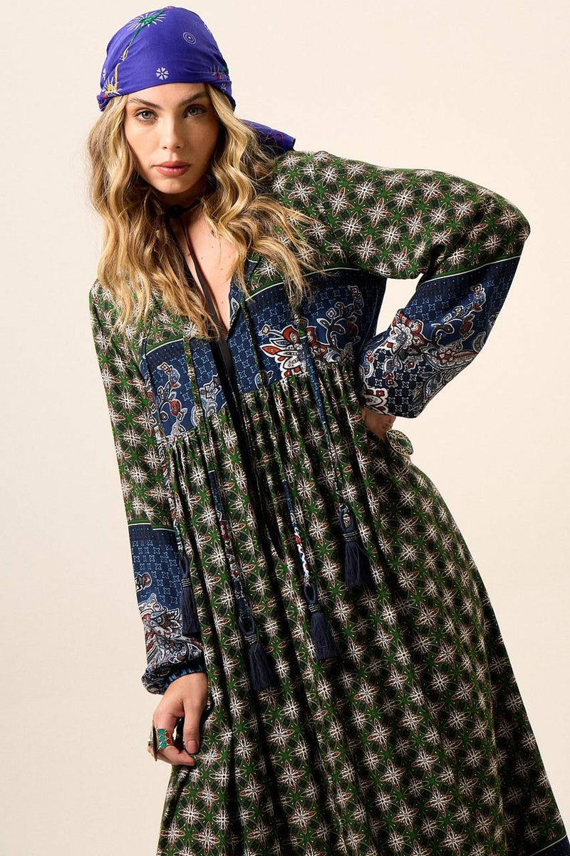 Vestido Longo Com Mangas Bufantes Verde Patchwork Estampa Paisley Yacamim